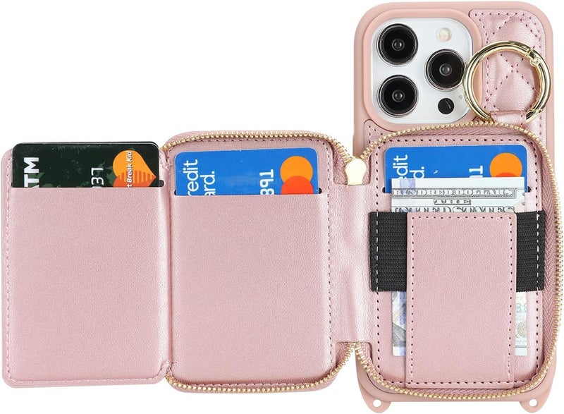 Hamany Crossbody Wallet Case for iPhone 14 Pro, PU Leather Zipper Handbag Purse Flip Cover, Kickstand Folio Case with Card Slots Holder Wrist Strap Lanyard 5G 6.1 Inch-Rose Gold - Image 5